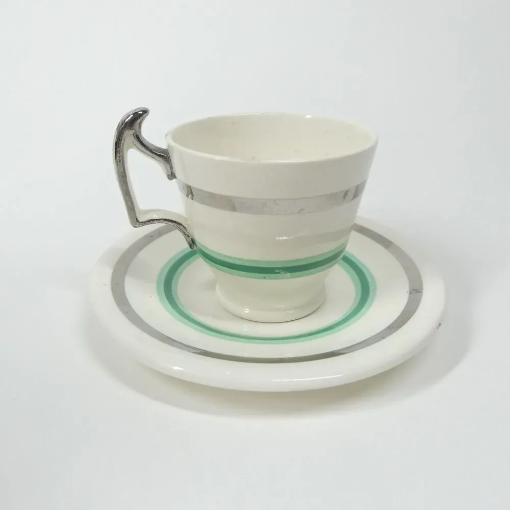 Spode Copeland Demitasse Cup & Saucer Set Jade Green Silver Cream Art Deco